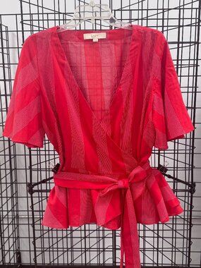 LOFT Cotton Red w/ White Stripes Wrap Blouse Flared Short Sleeves Size Medium